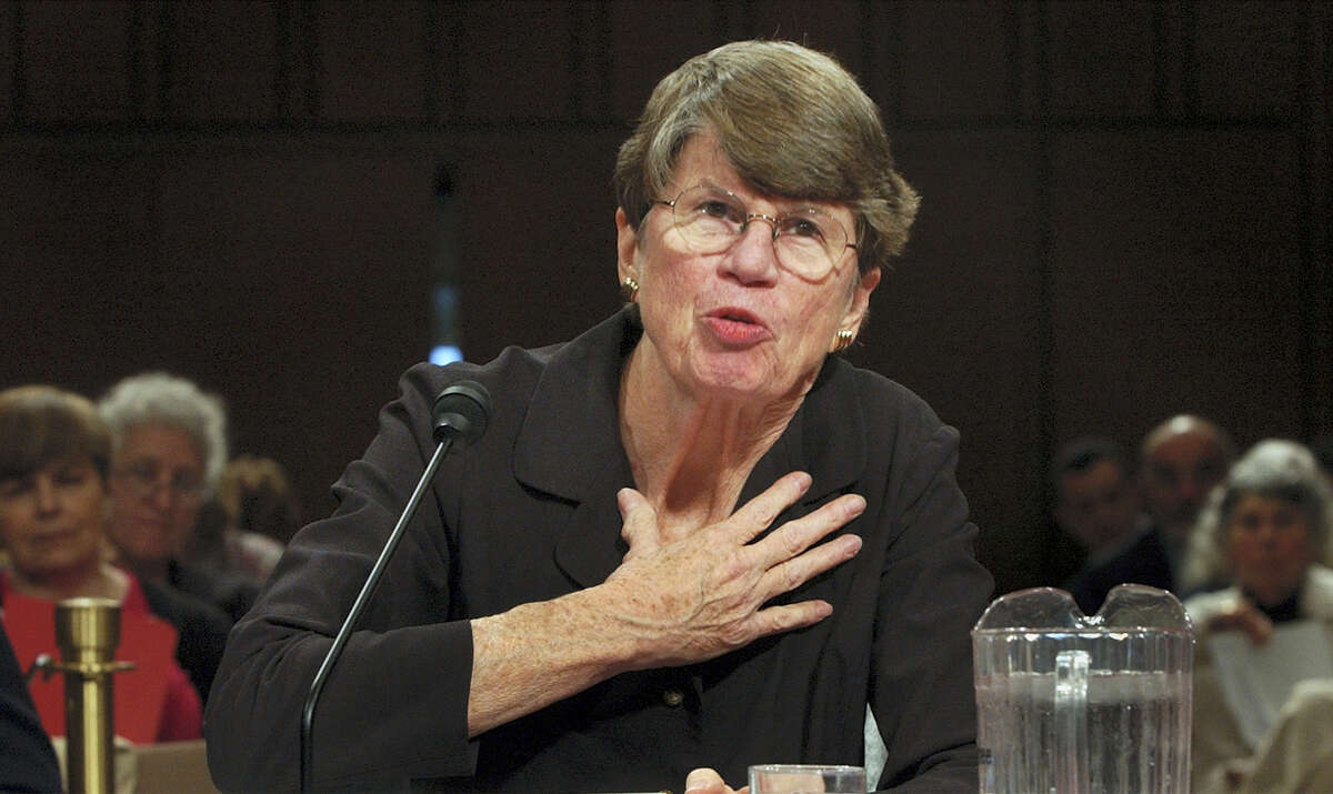 In this April 13, 2004 photo, former U.S. Attorney General Janet Reno testifies before the commission investigating the Sept. 11 attacks on Capitol Hill in Washington DC. Reno, the first woman to serve as U.S. attorney general and the epicenter of several political storms during the Clinton administration, died early Monday, Nov. 7, 2016. She was 78.