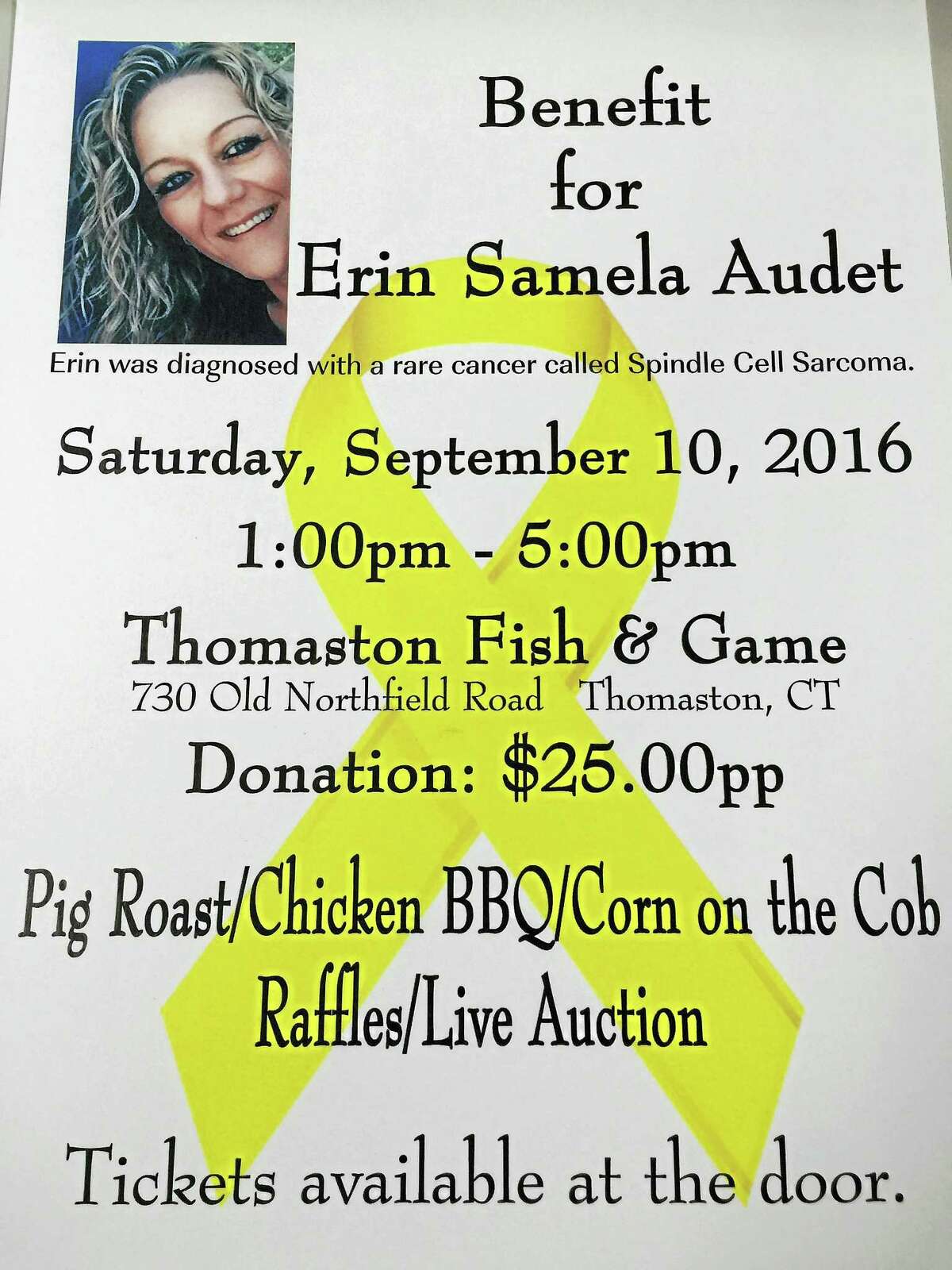 Contributed image courtesy ot Thomaston Fish & Game The flyer for the upcoming benefit for Erin Samela Audit, a local woman diagnosed with cancer.