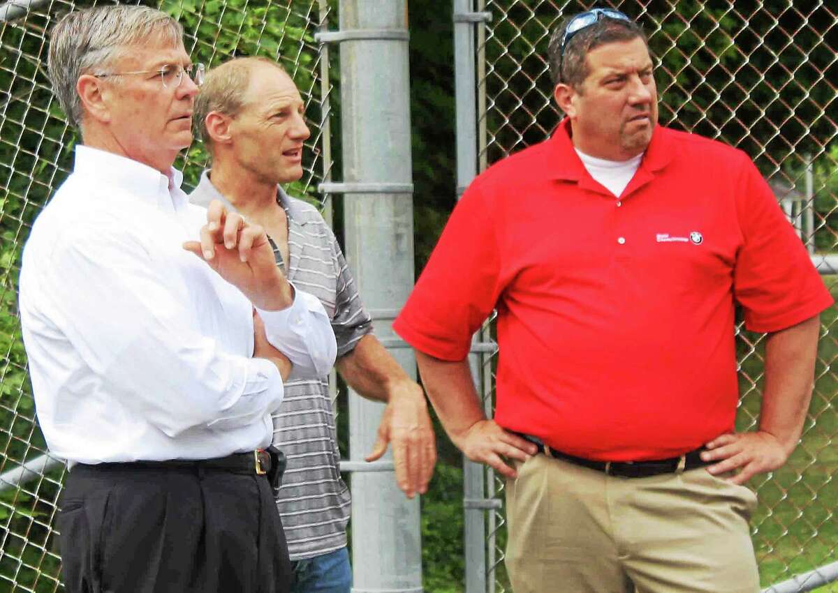 CONTRIBUTED PHOTO From left, Commissioner James P. Rederk, Winchester Director of Public Works James Rollins, and state Rep. Jay Case, on a recent tour of Winsted roads.