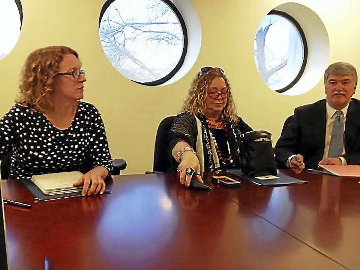 Representatives of the Connecticut Education Association, from left, Kate Field, Sheila Cohen and Donald Williams, meet with the New Haven Register editorial board.