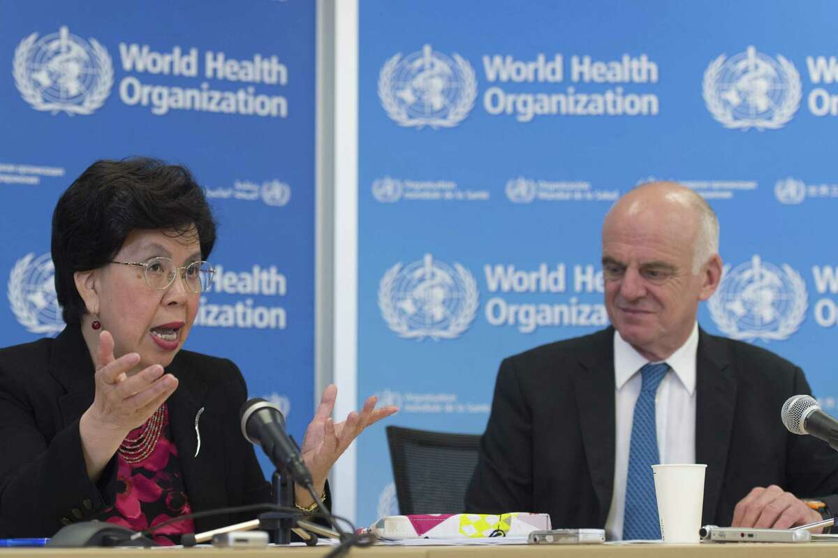 China’s Margaret Chan, director general of the World Health Organization, WHO, left, and David Nabarro, UN special envoy on Ebola, present an update during a press conference Friday at the headquarters of the WHO in Geneva, Switzerland.