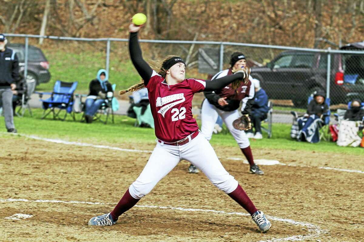 Photo by Marianne KillackeyTorrington pitcher Ali Dubois matched Holy Cross' Sarah Lawton with 15 strikeouts apiece in the Crusaders' 2-1 win at Torrington High School Friday afternoon.