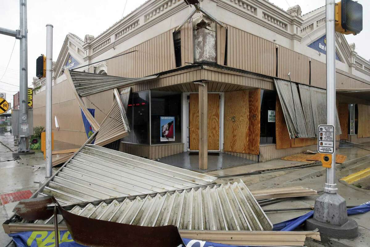 The Fair Department store in Cuero was damaged despite being boarded shut as Hurricane Harvey hits the countryside east of San Antonio on August 26, 2017.