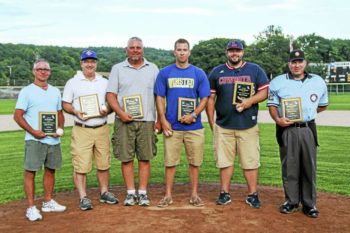 The Tri-State Baseball League’s Hall of Fame inductees Monday evening are left to right: T.J. Campion, Tony Santoro, Dan Hamel, Donny Crossman, Chris Beach and Jim Isaacson.