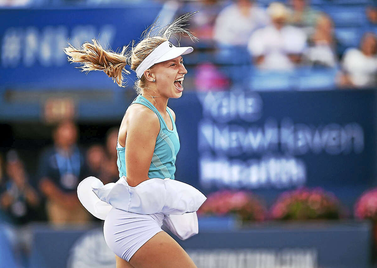 Daria Gavrilova, of Australia looks to her team after ousting Slovakia’s Dominika Cibulkova at Stadium Court in the championship match at the Connecticut Tennis Open at the Connecticut Tennis Center, Saturday, August 26, 2017, in New Haven. Gavrilova won, 4-6, 6-3, 6,4. (Catherine Avalone/Hearst Connecticut Media)