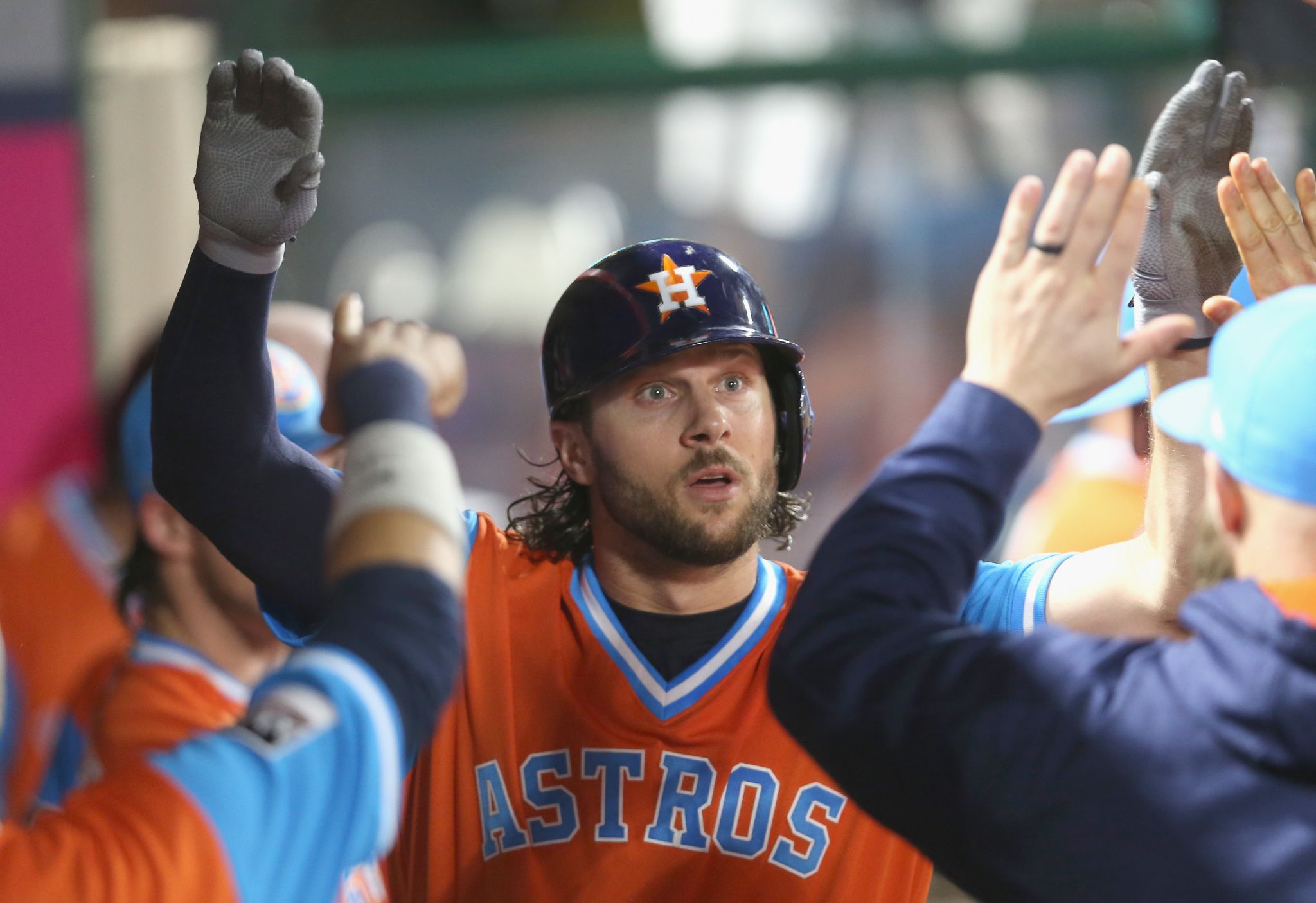 Houston Astros' Jose Altuve and Jake Marisnick celebrate after Game 7 of  baseball's World Series against the Los Angeles Dodgers Wednesday, Nov. 1,  2017, in Los Angeles. The Astros won 5-1 to