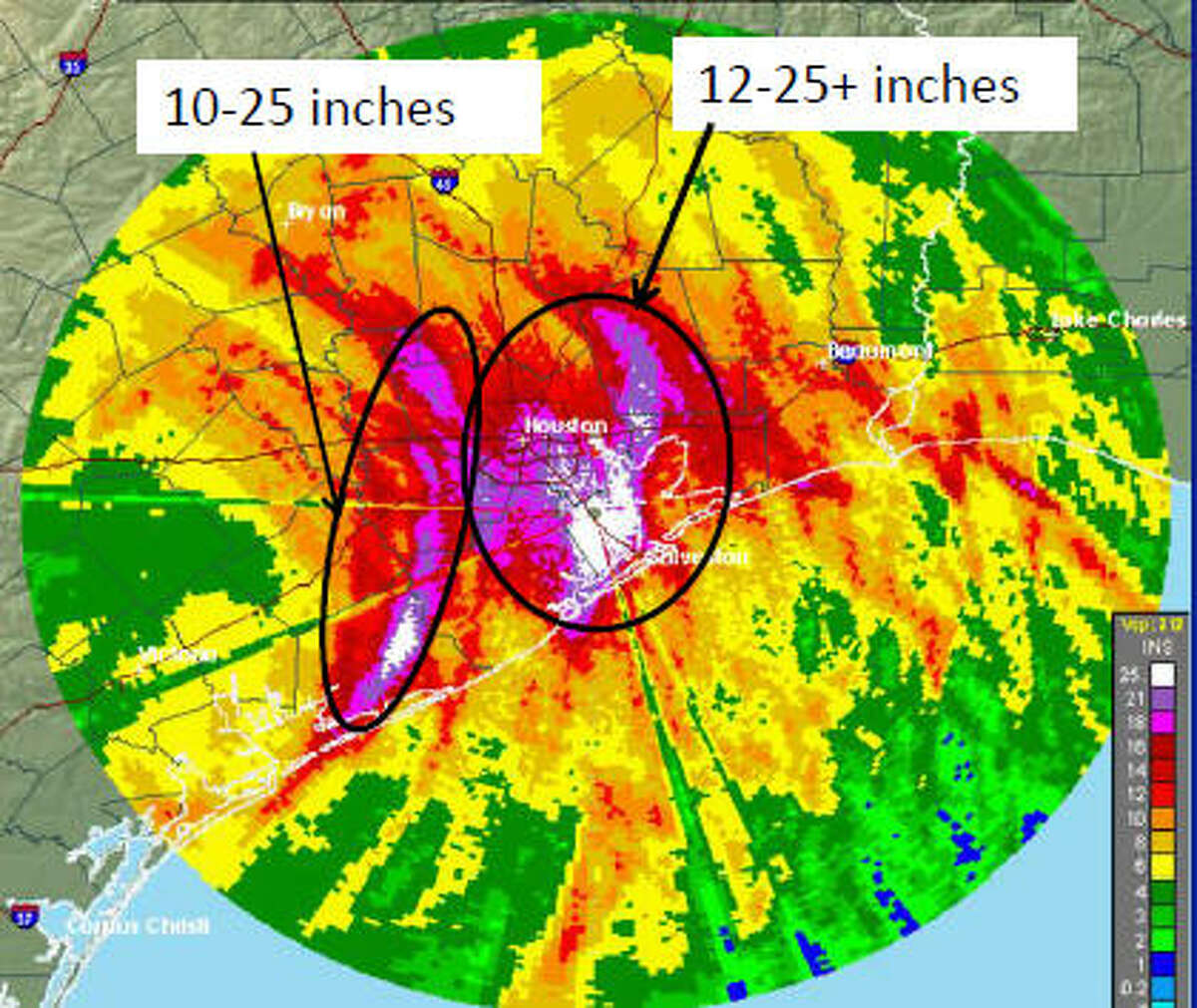 This radar image from the National Weather Service shows rainfall potential in the Houston area. This image was part of the National Weather Service's 10 am update on Tropical Storm Harvey, Sunday, Aug. 27, 2017. 