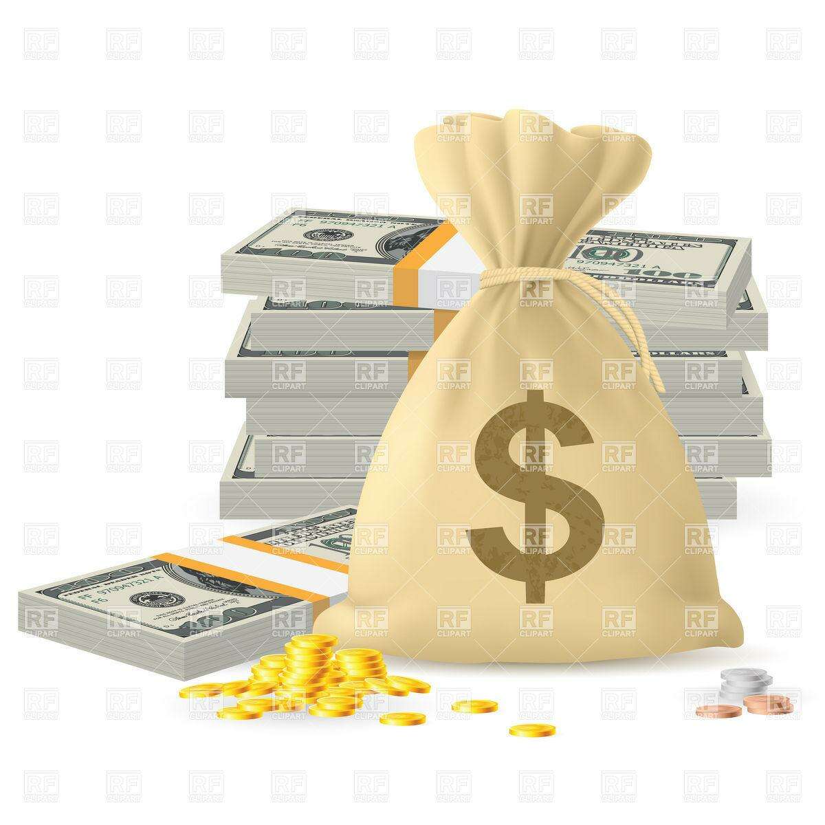 Piles of money in the form of Cash and Gold coins, with Money sack