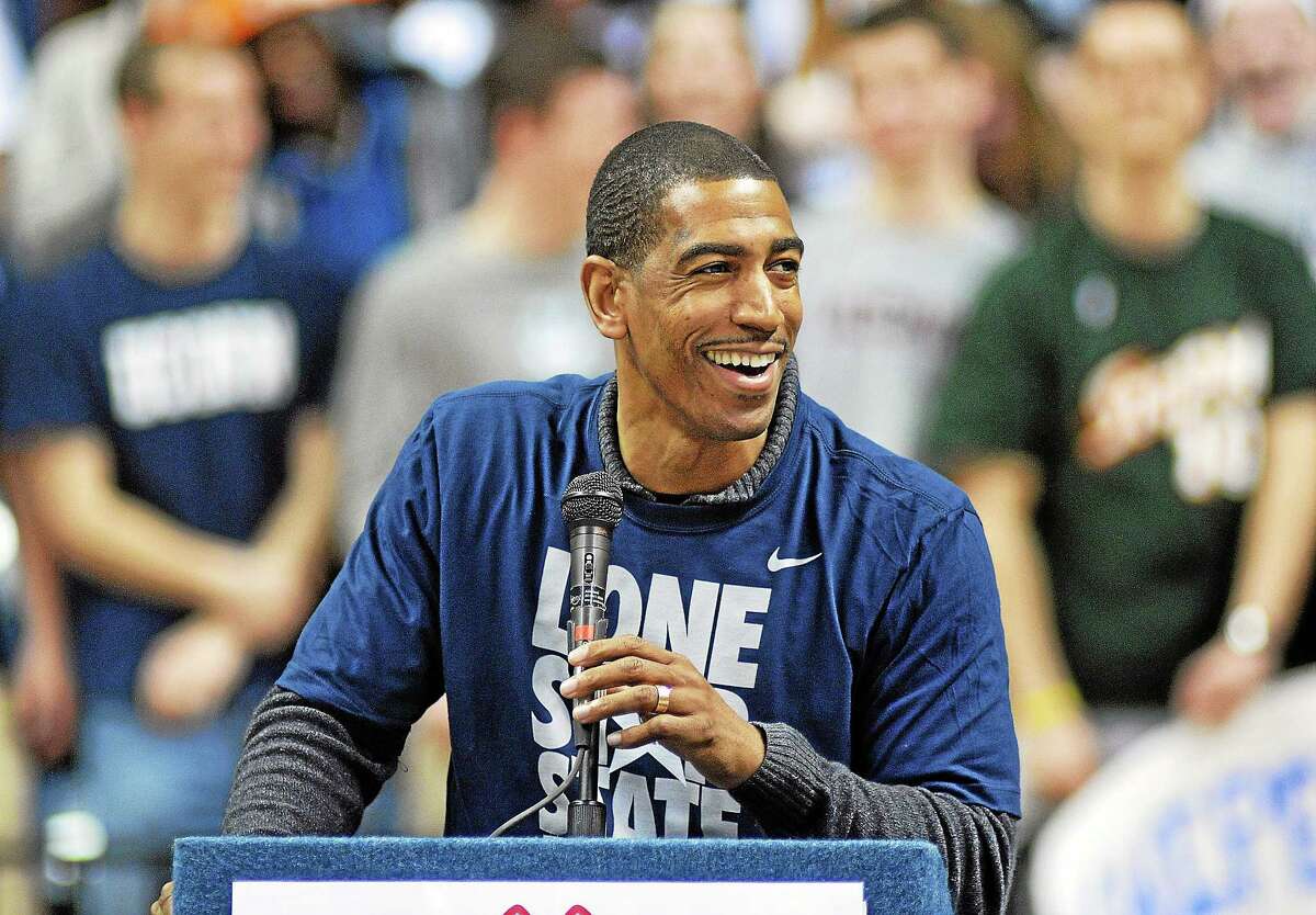 UConn men’s basketball coach Kevin Ollie speaks during a ceremony at Gampel Pavilion after returning home with the national championship.
