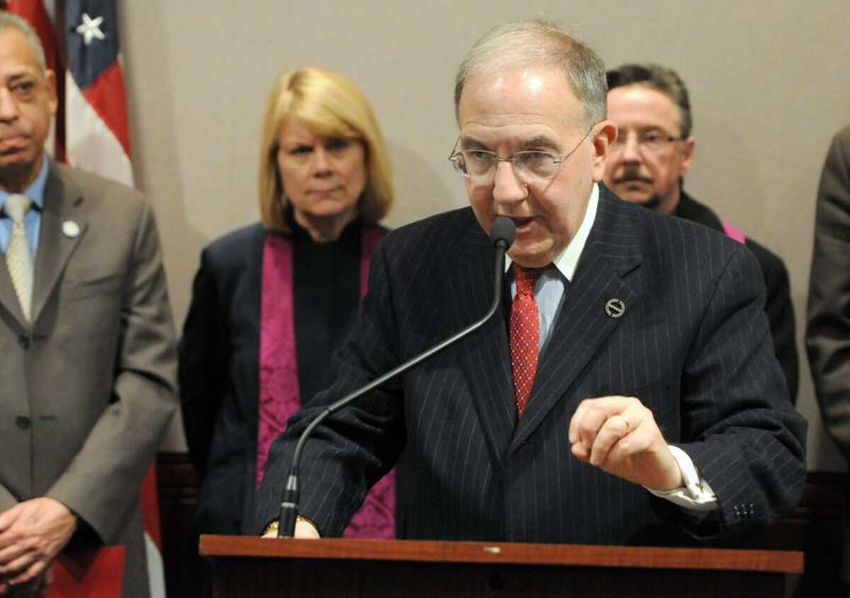 State Senator Martin Looney speaks at the Connecticut Against Gun Violence press conference Tuesday, February 19, 2013 in a Legislative Office Building hearing room at the Capitol in Hartford where the CAGV announced a broad coalition of organizations and religious support for the CAGV's gun-control legislative agenda. Photo by Peter Hvizdak / New Haven Register
