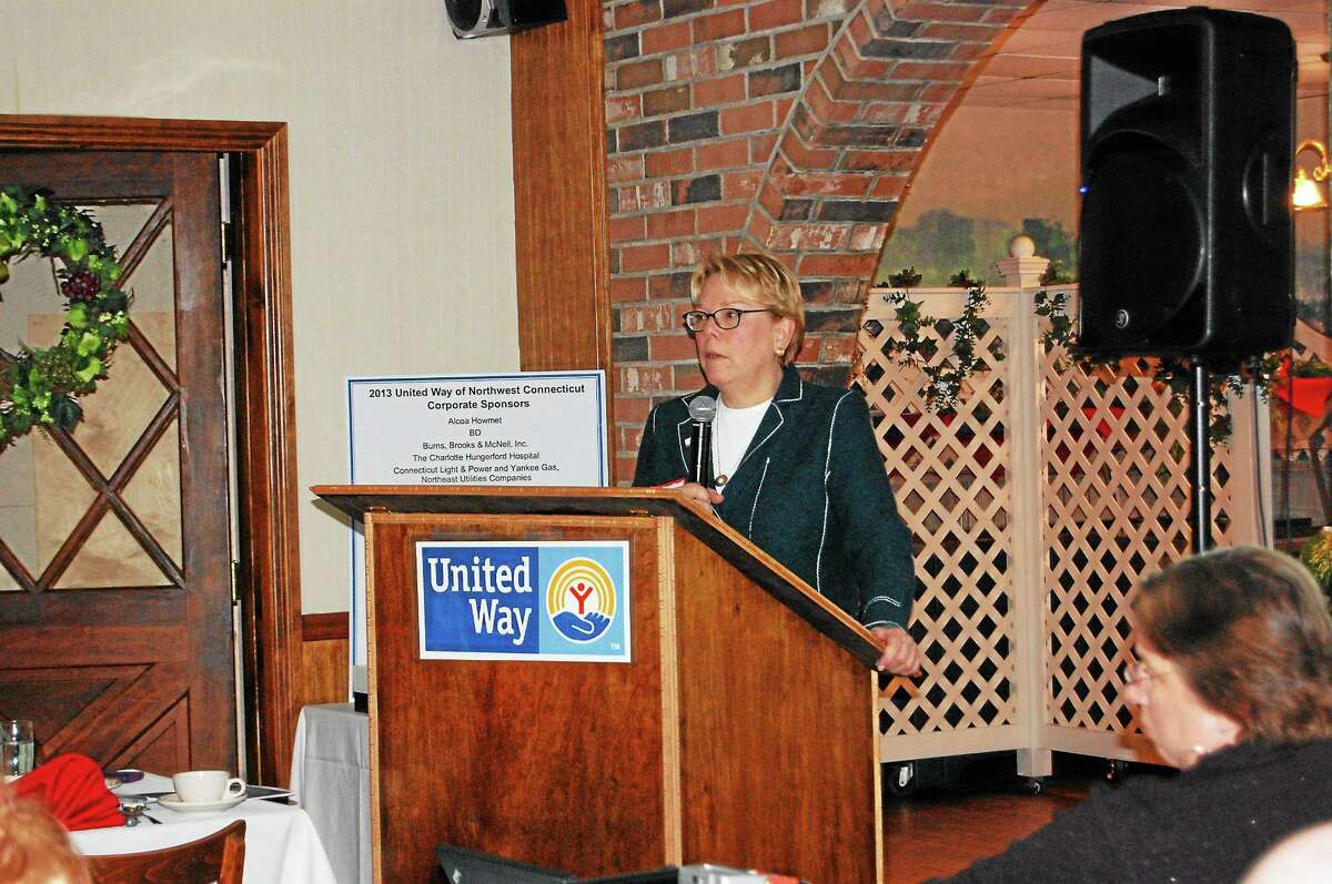 Lucy Nolan, executive director of End Hunger CT, speaks during the annual meeting of the United Way of Northwest Connecticut Monday.
