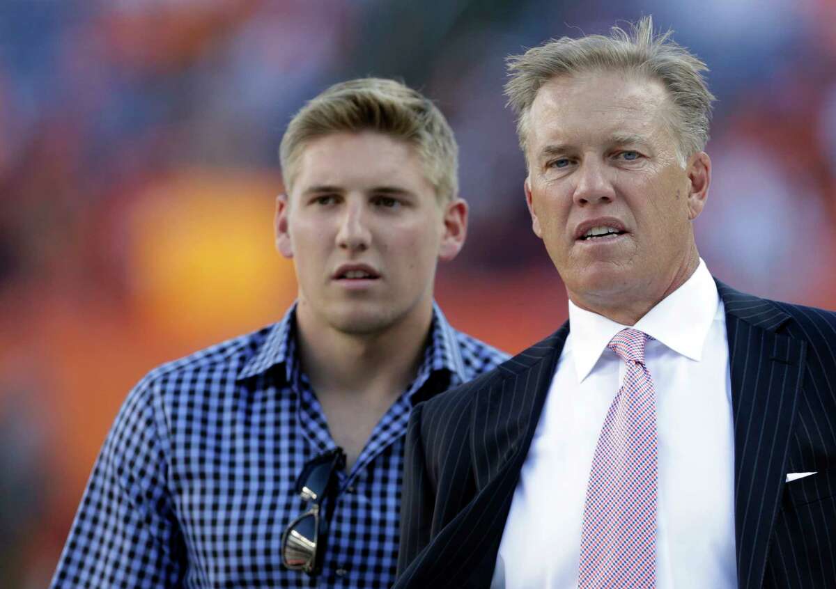 Jack Elway, left, son of Denver Broncos executive John Elway, pleaded guilty Tuesday to disturbing the peace after being accused of pulling his girlfriend from a car and shoving her to the ground.