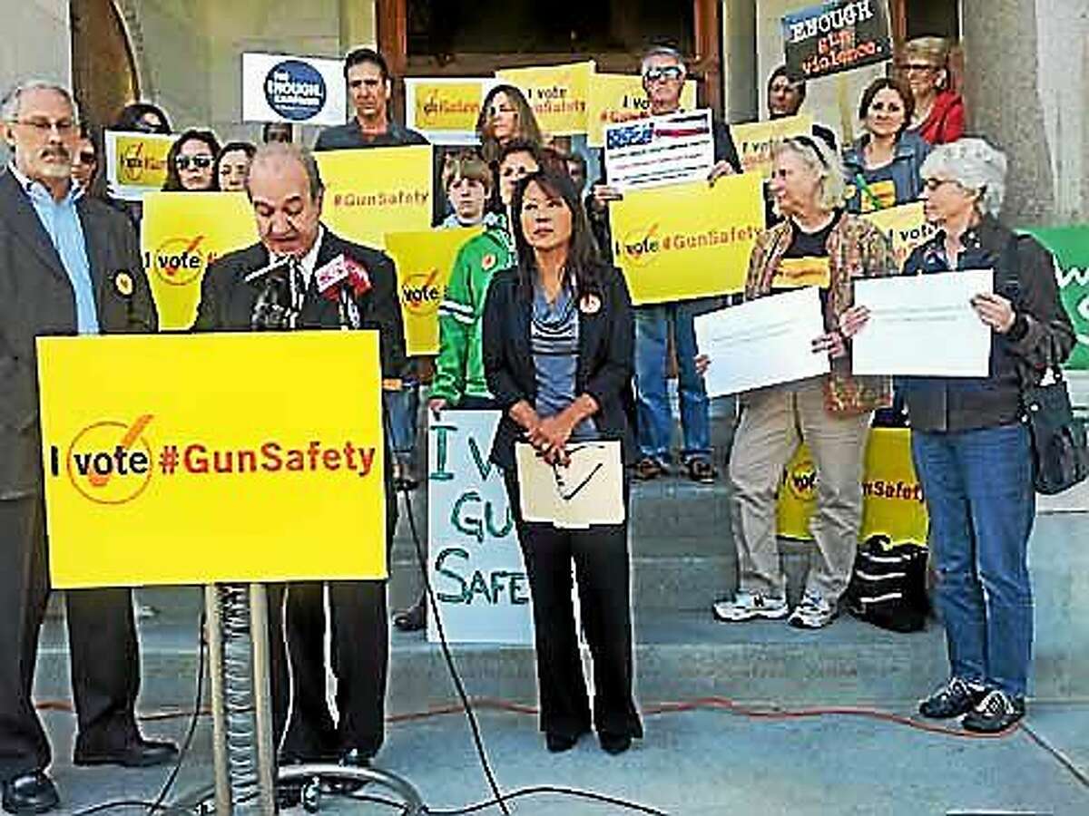 Ron Pinciaro, chairman of CT Voters for Gun Safety, announces the endorsements Thursday.