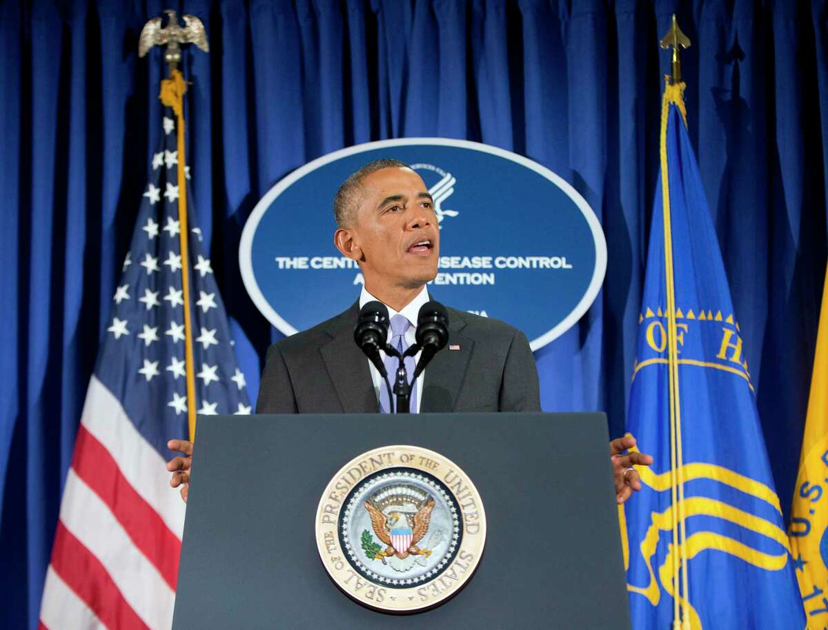 President Barack Obama speaks at the Centers for Disease Control and Prevention (CDC) in Atlanta, Tuesday, Sept. 16, 2014. Obama traveled to the CDC, to address the Ebola crisis and announced that he is sending 3,000 American troops to West Africa nations fight the spread of the Ebola epidemic.
