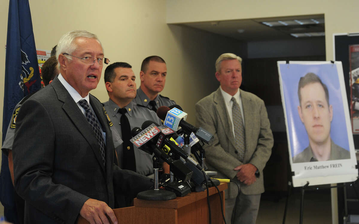 Pennsylvania State Police Commissioner Frank Noonan, speaks during a news conference in Blooming Grove Twp, Pa. Tuesday, Sept. 16, 2014. Noonan identified Eric Matthew Frein, 31, as the gunman who killed one trooper and injured another in a late-night ambush outside a state police barracks.