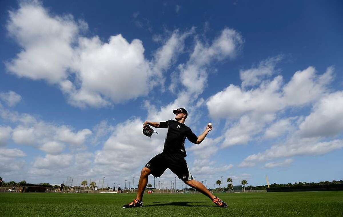 Miami Marlins pitcher Dan Jennings throws a ball before the official start of spring training baseball, Monday, Feb. 11, 2013, in Jupiter, Fla. (AP Photo/Julio Cortez)