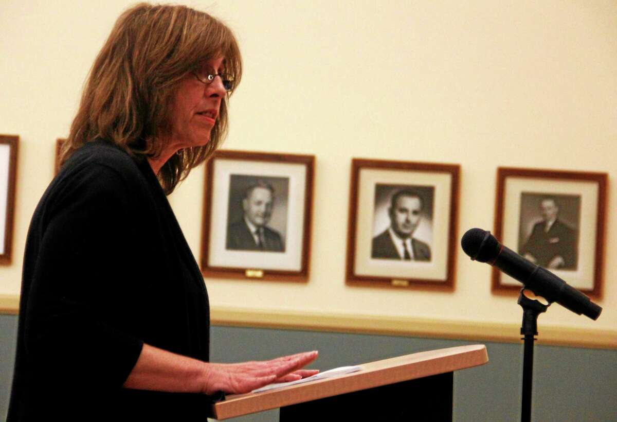 Donna Winn, recreation director, address the Torrington City council after the board voted in favor of a budget that eliminated her position.