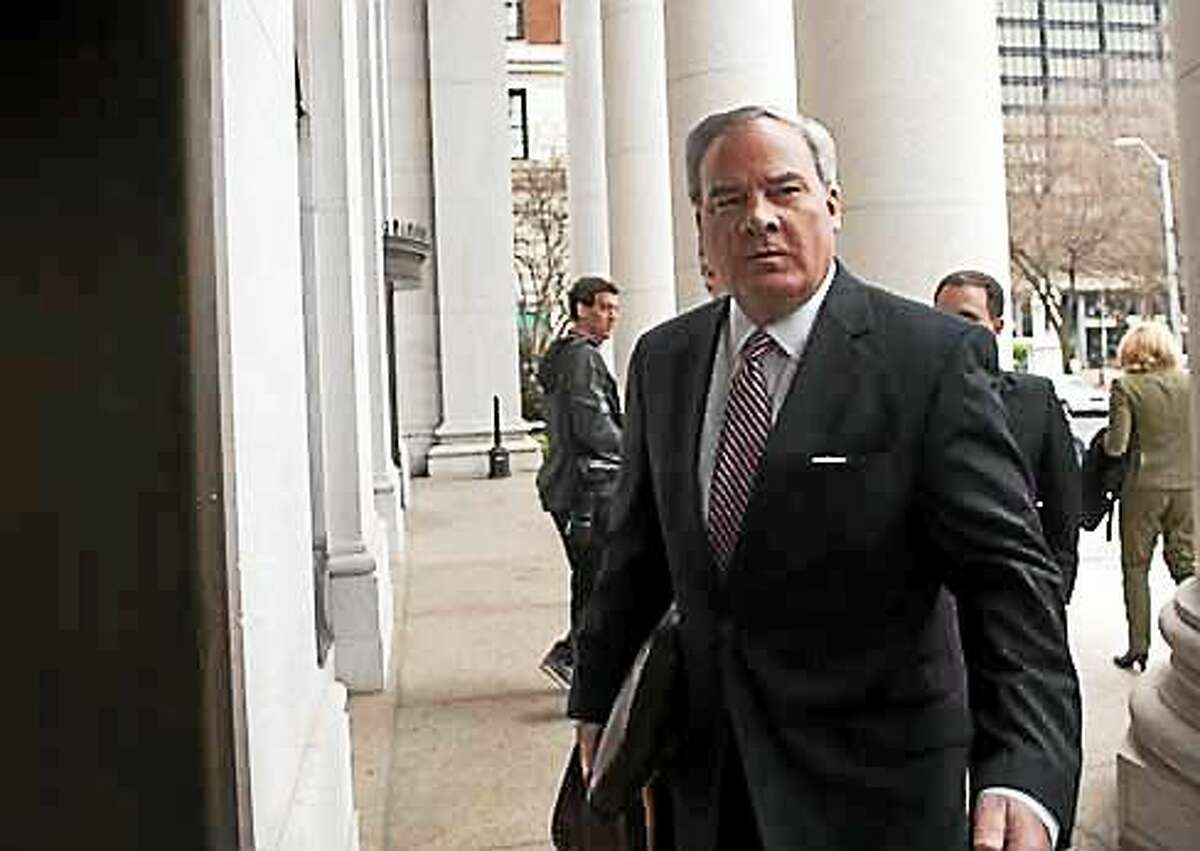 Former Gov. john g. Rowland outside federal court in New Haven Wednesday. his trial is being held in U.S. District Court