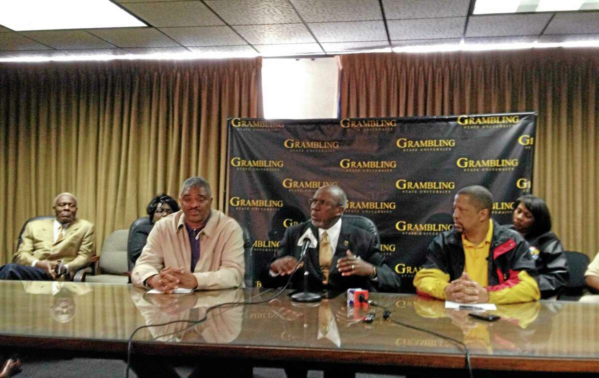 Grambling State University president Frank Pogue talks to reporters about the athletic program on Friday in Grambling, La. Grambling canceled Saturday’s football game against Jackson State after disgruntled players refused to travel to Jackson.