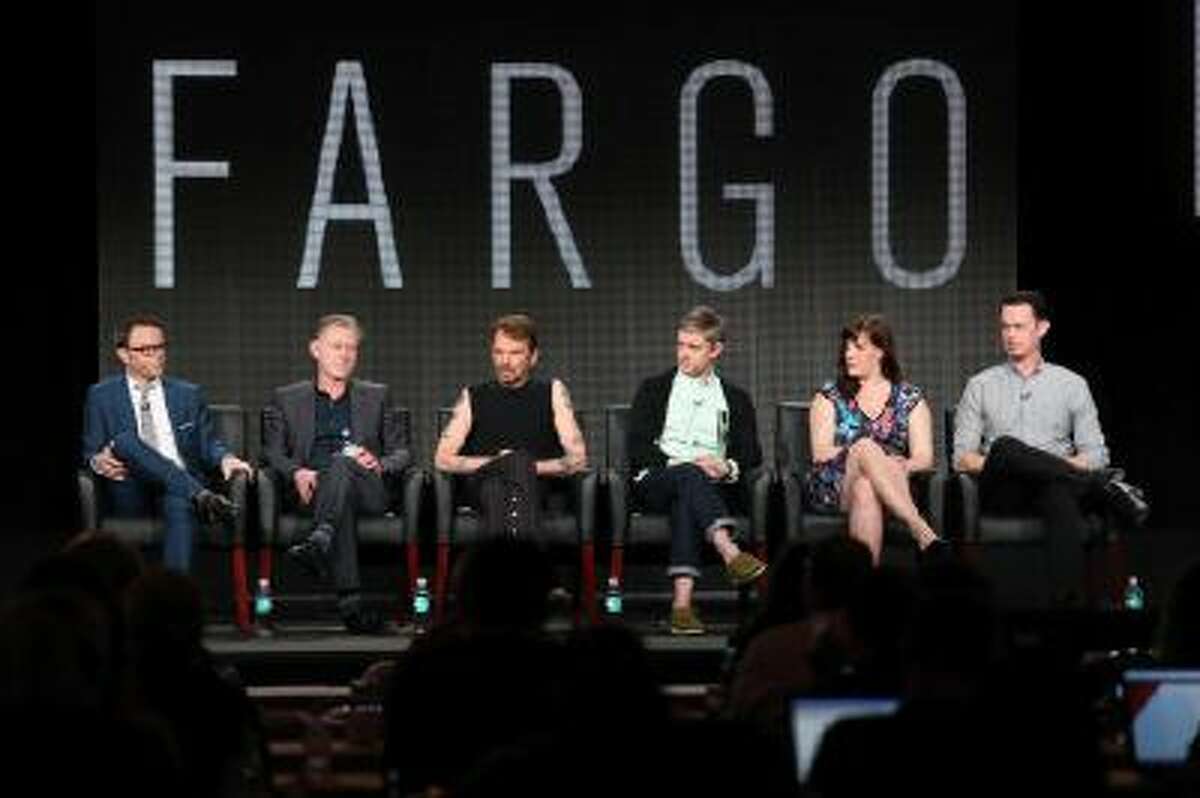 Noah Hawley, Executive Producer/Writer, Warren Littlefield, Executive Producer, actors Billy Bob Thornton, Martin Freeman, Allison Tolman and Colin Hanks of the television show 'Fargo' onstage during the FX portion of the 2014 Television Critics Association Press Tour on January 14, 2014 in Pasadena, California.
