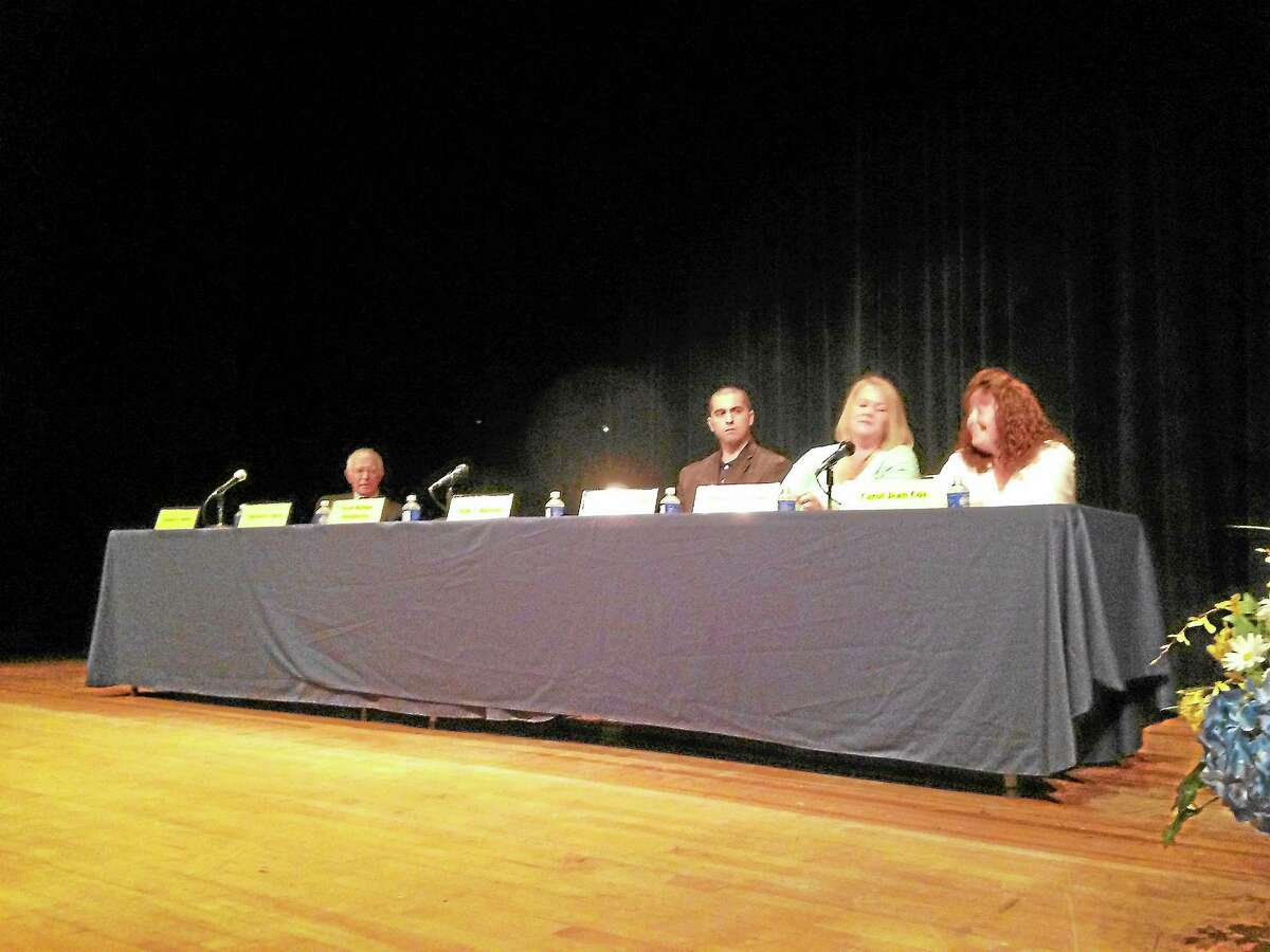 Candidates for the Winchester Board of Education debate at The Gilbert School Thursday night. Two Democratic candidates did not attend. Republicans and an unaffiliated candidate participated in the debate.