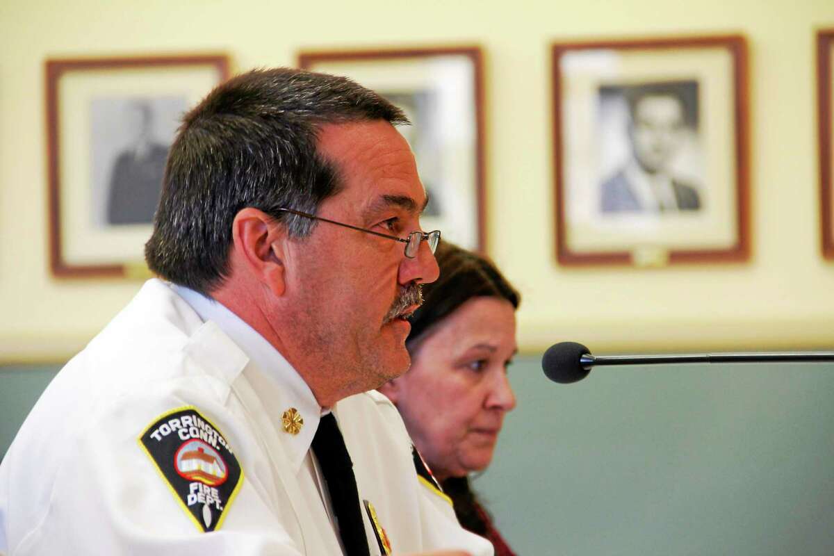 Torrington Fire Chief Gary Brunoli addresses the City Council in April. The Fire Department is awaiting a decision on whether the city will purchase a new 100-foot ladder truck or repair its existing vehicle.