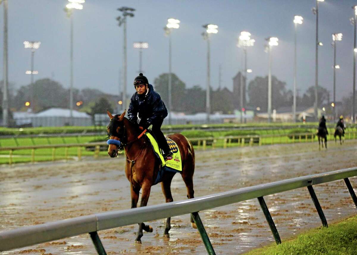 An exercise rider takes Hoppertunity for a morning workout at Churchill Downs on Monday in Louisville, Ky. The second favorite for the Kentucky Derby is now out of the race with a sore foot.