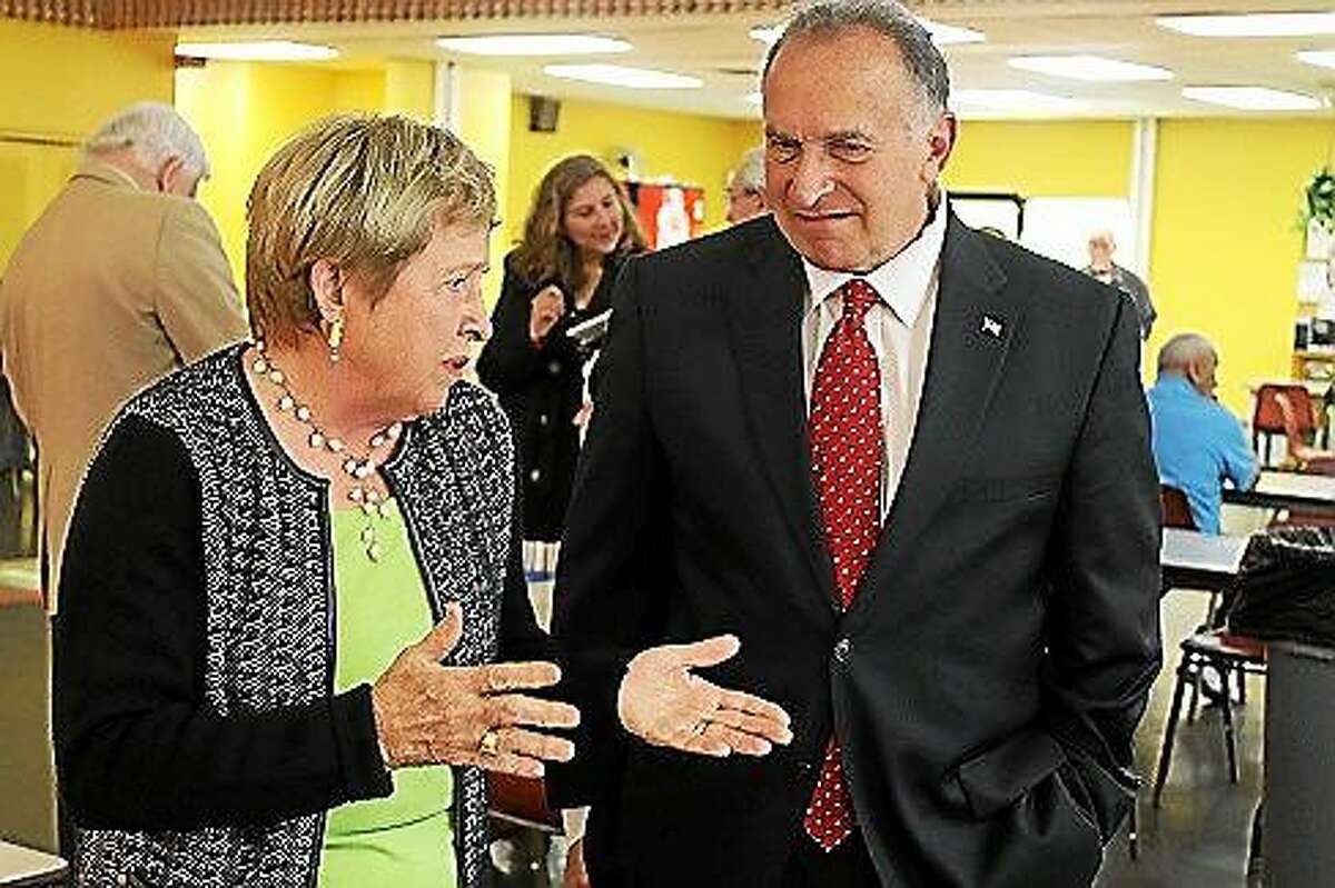 5th District congressional candidate Mark Greenberg appears with former Congresswoman Nancy Johnson in New Britain earlier this month.
