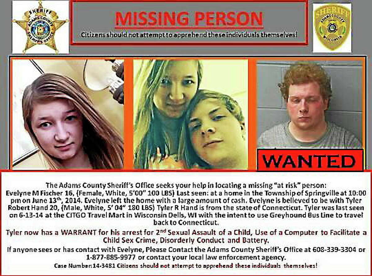 A missing person poster issued in Wisconsin for 16-year-old Evelyne Fischer and 20-year-old Tyler Hand. Fischer was found Thursday in Clinton. Hand remains at large, police say.