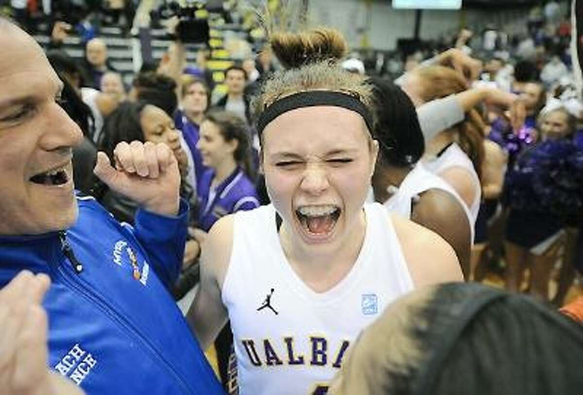 University of Albany guard Sarah Royals celebrates after defeating the University of Hartford in the American East title game 61-52. Submitted Photo/University at Albany Athletic Department