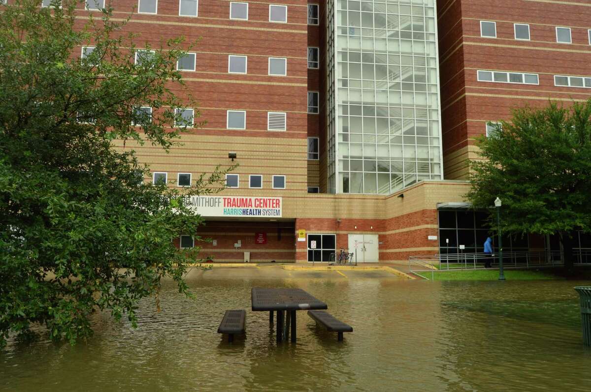 Floodwaters approach Houston's Ben Taub Hospital as workers prepare to evacuate patients due to Hurricane Harvey on Sunday, Aug. 27, 2017.