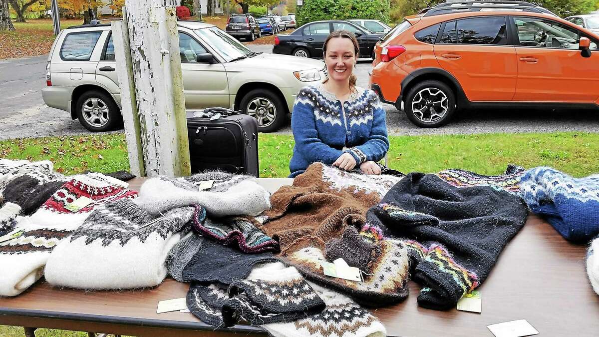 Soley Branigan, a designer from Olafsfjordur, a city in the north of Iceland, sold her homemade, cozy-looking sweaters at an outdoor table at the annual Iceland Affair event at the Winchester Grange Saturday.