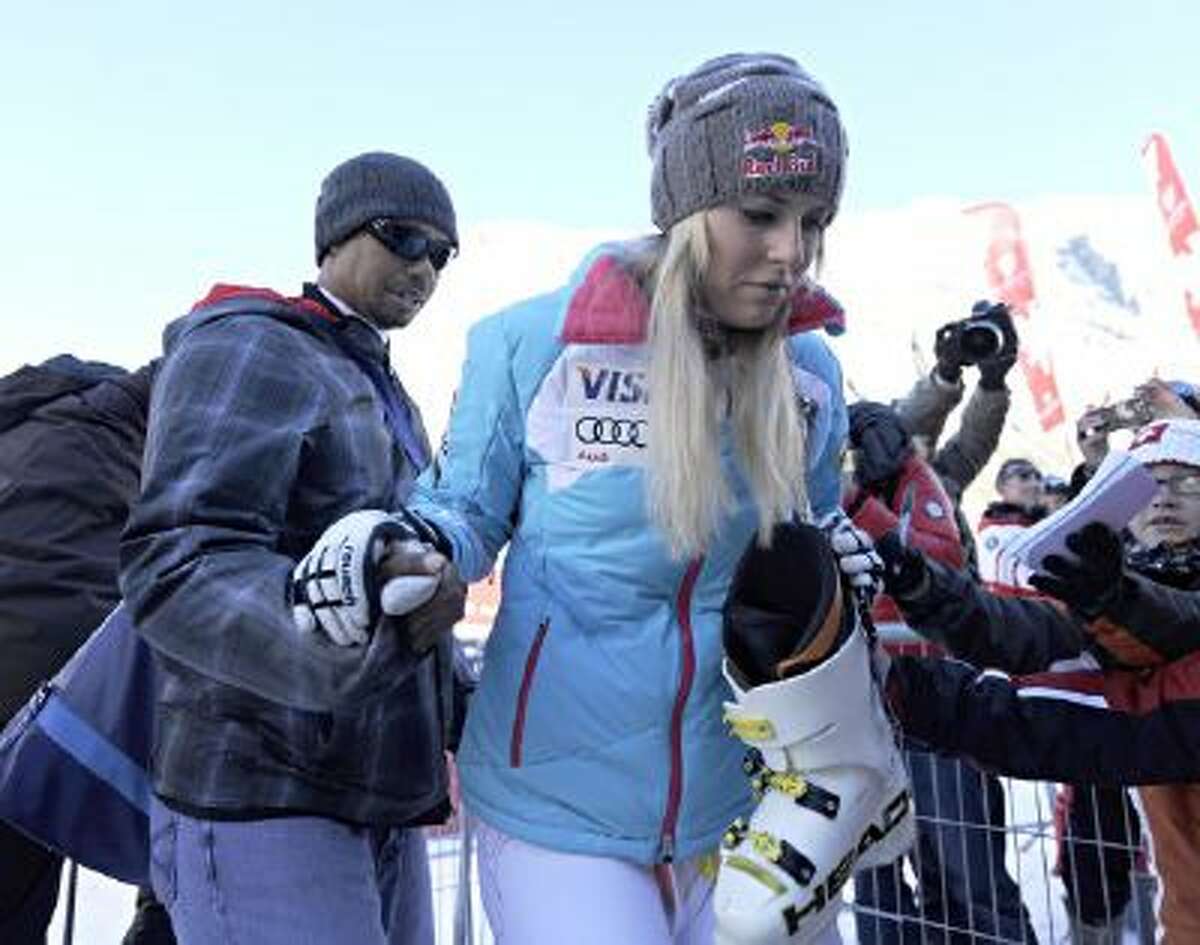 Lindsey Vonn and her boyfriend, Tiger Woods, during the Audi FIS Alpine Ski World Cup Women's Downhill on December 21, 2013 in Val d'Isere, France.