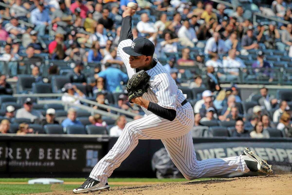 Yankees relief pitcher Dellin Betances throws in the sixth inning of a game against the Los Angeles Angels on April 26 in New York. The other half of the Killer B’s, Manny Banuelos, is healthy and doing well for Double-A Trenton.