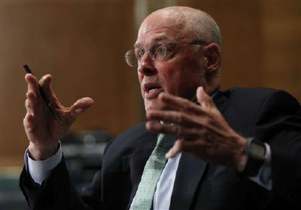 Former Treasury Secretary Henry Paulson testifies on Capitol Hill in Washington,Thursday, May 6, 2010, before the Financial Inquiry Crisis Commission.(AP Photo/Pablo Martinez Monsivais)