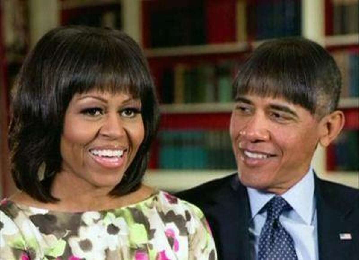 U.S. President Barack Obama makes light of his wife Michelle Obama's new bangs with a mock pictures of himself with the same hairdo in this humorous photo created by the White House shown at the annual White House Correspondents' Association dinner in Washington on April 27, 2013.