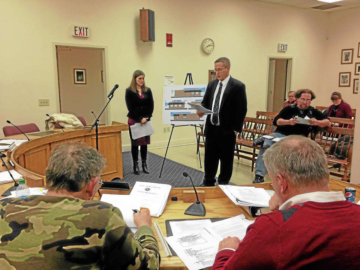 James and Karen Dietz present their site plan for a marijuana dispensary in Winsted on Monday, Nov. 25, 2013.