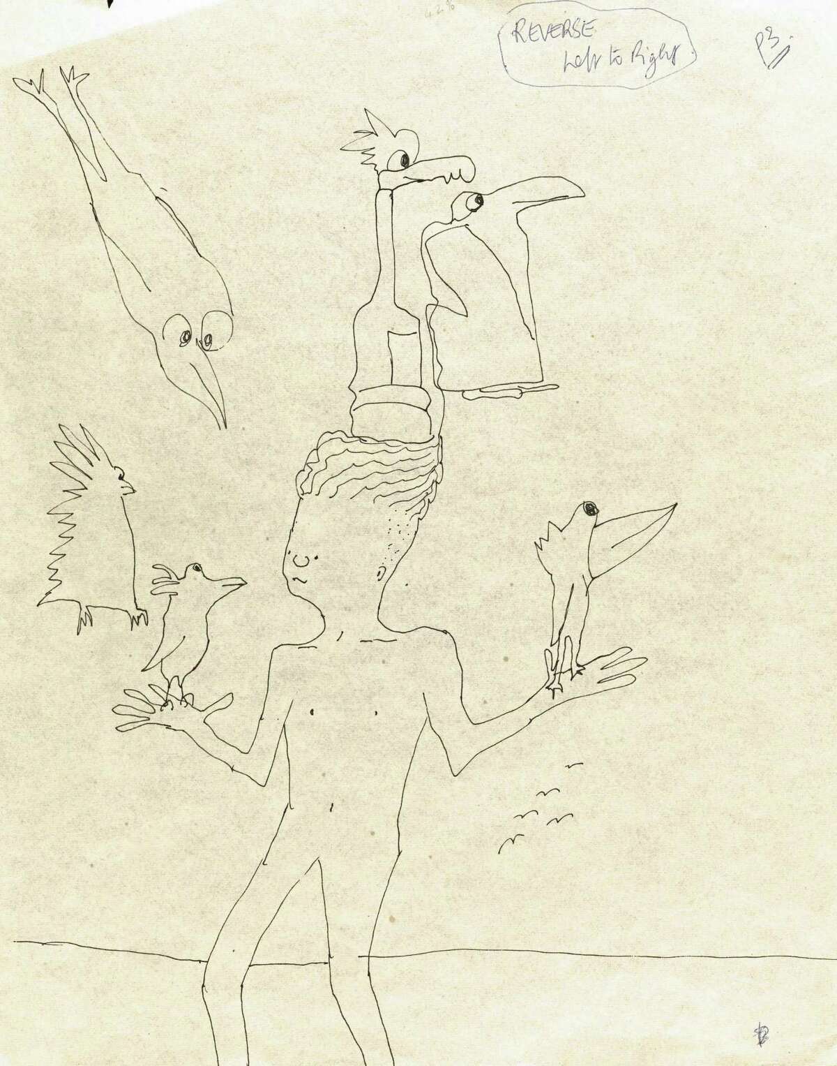 This undated photo provided by Sothebyís shows an untitled ink drawing by John Lennon of a boy and six birds. The drawing is part of an 89-piece collection of Lennonís original whimsical drawings, poems and prose for his books ìIn His Own Writeî and ìA Spaniard in the Worksî that will be auctioned by Sotheby's in New York on Wednesday, June 4, 2014. (AP Photo/Sotheby's, John Lennon)