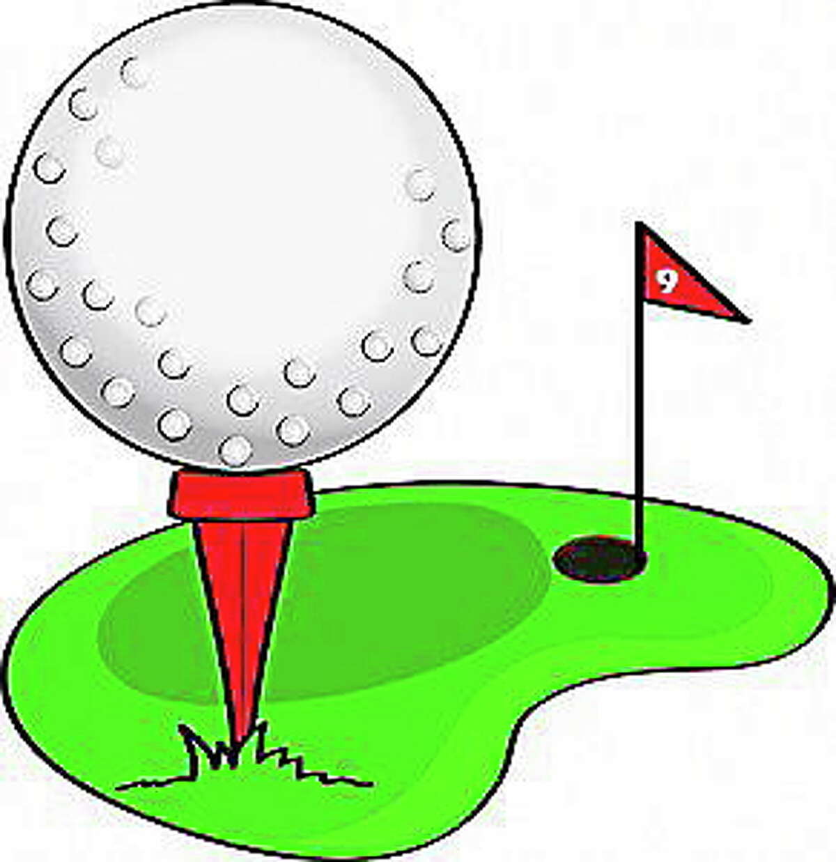 Clip art illustration of a cartoon golf ball, sitting on a tee, on a golf course.