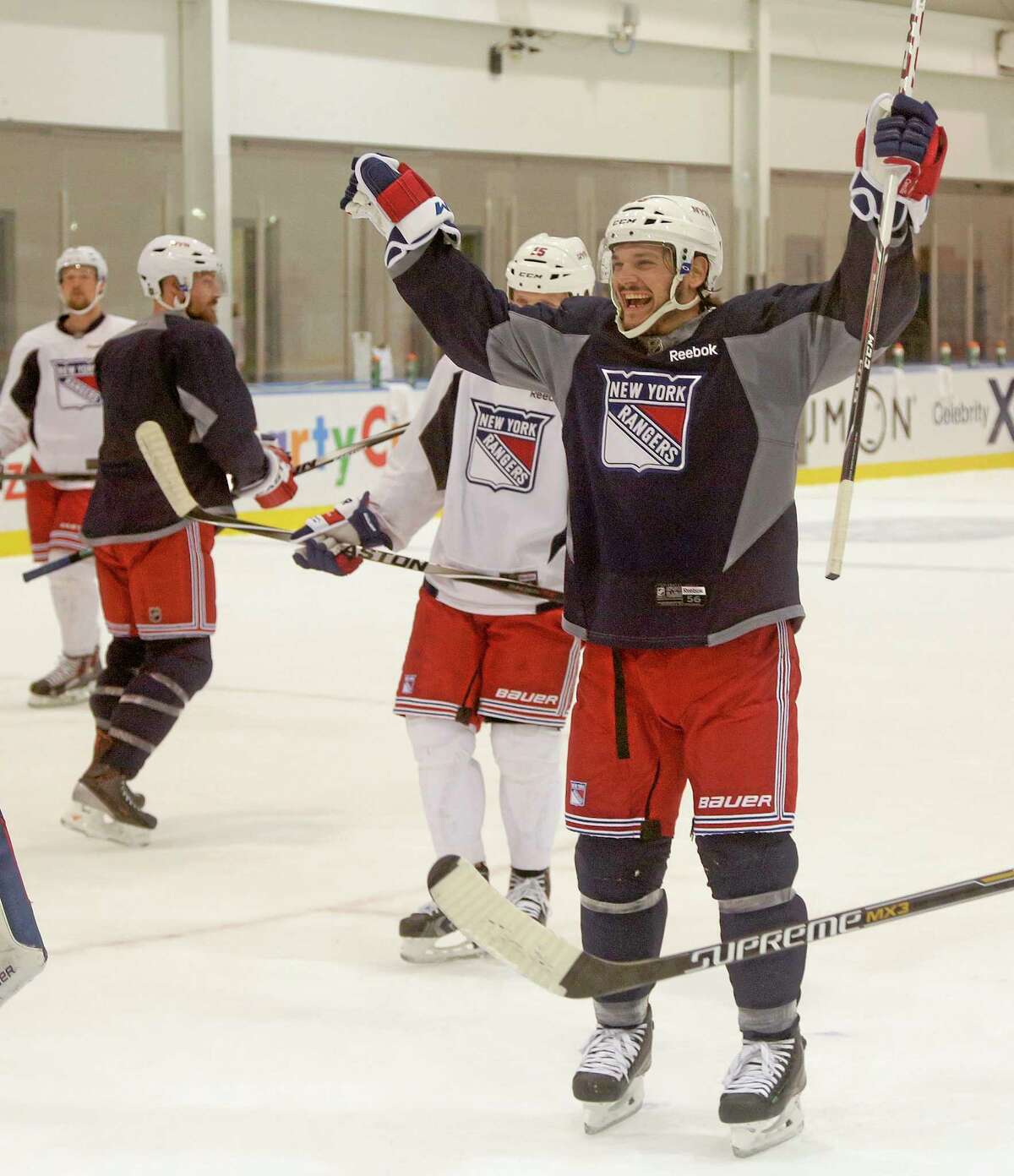 New York Rangers left wing Daniel Carcillo reacts after a goal scored during Monday’s practice in Greenburgh, New York. The Rangers will face the Los Angeles Kings in Game 1 of Stanley Cup finals on Wednesday in Los Angeles.