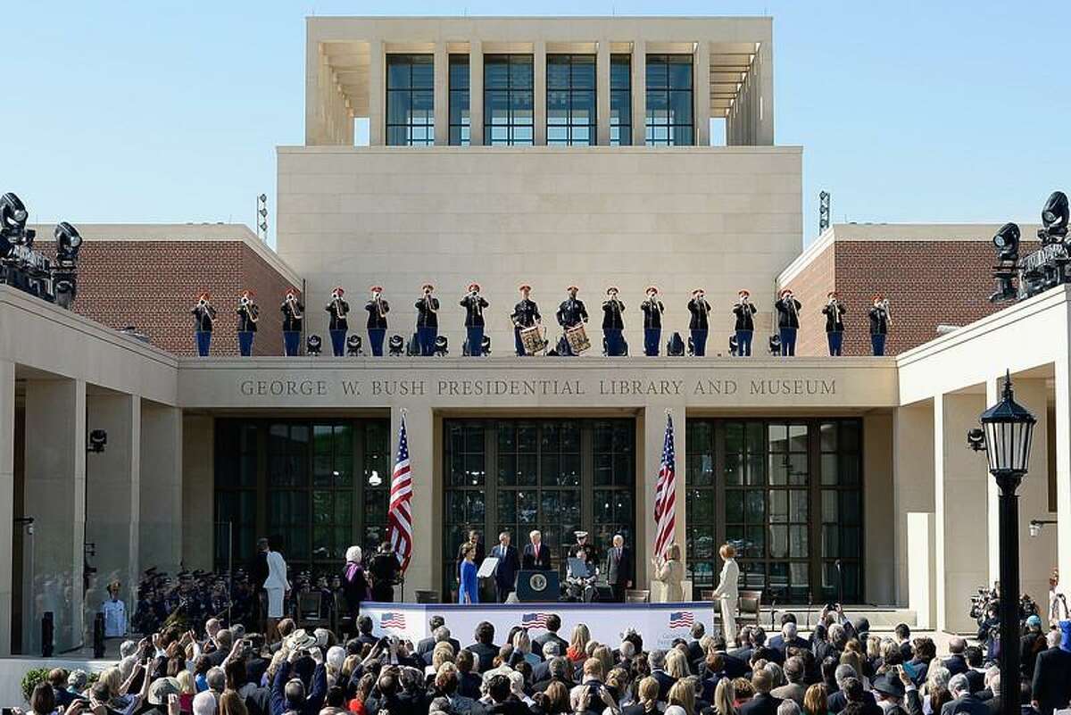 Former first lady Laura Bush, U.S. President Barack Obama, former President George W. Bush, former President Bill Clinton, former President George H.W. Bush and former President Jimmy Carter attend the opening ceremony of the George W. Bush Presidential Center April 25, 2013 in Dallas, Texas. The Bush library, which is located on the campus of Southern Methodist University, with more than 70 million pages of paper records, 43,000 artifacts, 200 million emails and four million digital photographs, will be opened to the public on May 1, 2013. The library is the 13th presidential library in the National Archives and Records Administration system. (Photo by Kevork Djansezian/Getty Images)