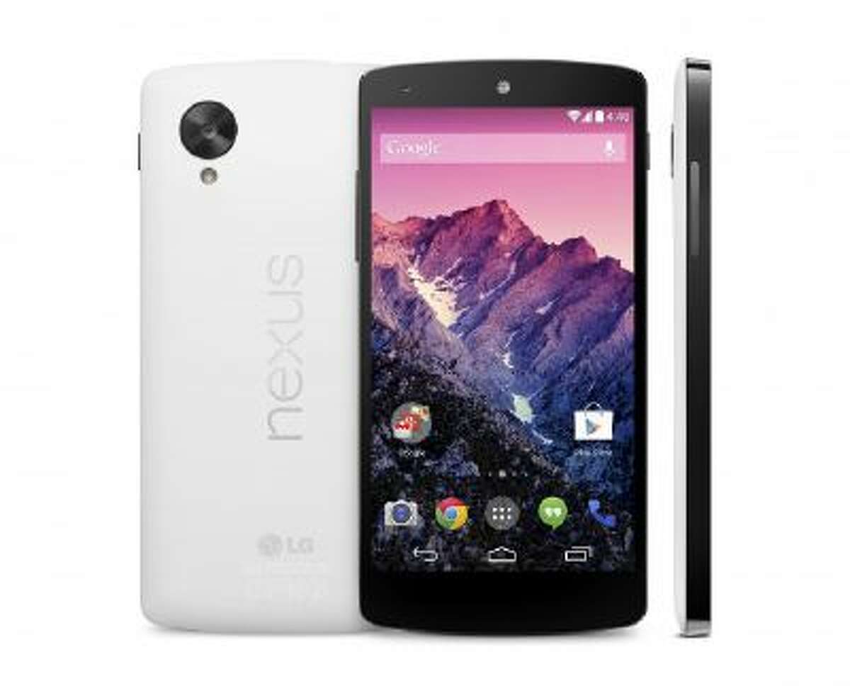 This image provided by Google shows its new Nexus 5 phone, which was unveiled Thursday, Oct. 31, 2013. The Nexus 5 phone is the first device to run on the latest version of Google's Android operating system, nicknamed after the Kit Kat candy bar. The phone and software are designed to learn and anticipate a person's interest and needs.