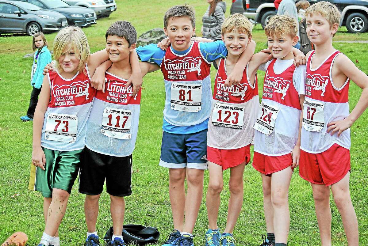 The LTC boys 9-10 team celebrate their advancement to the Region 1 meet on Sunday in New York. From left: Donald Corbett, Ryan Wei (both of Madison), Augie Delves Broughton (Litchfield), Pink and Robin Wright (Goshen), and Ian Belles (Brookfield).