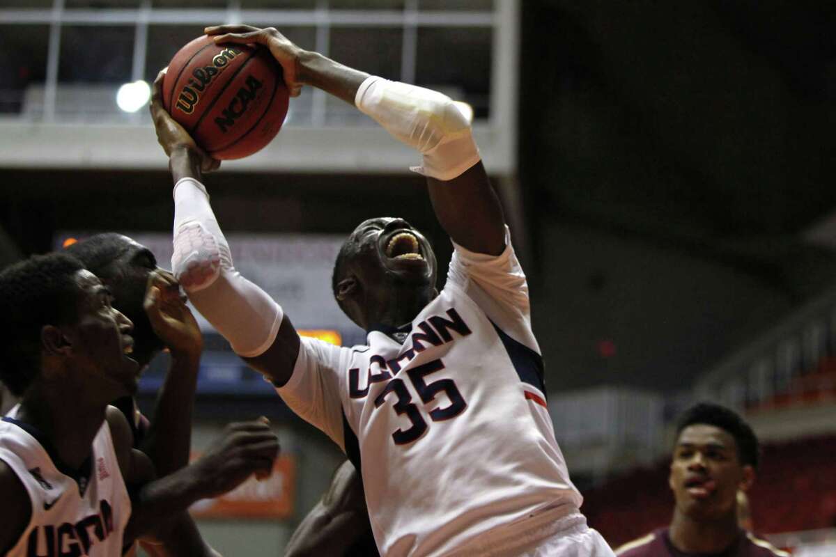 UConn center Amida Brimah grabs a rebound during the 17th-ranked Huskies’ 65-57 win over College of Charleston on Thursday afternoon in San Juan, Puerto Rico.