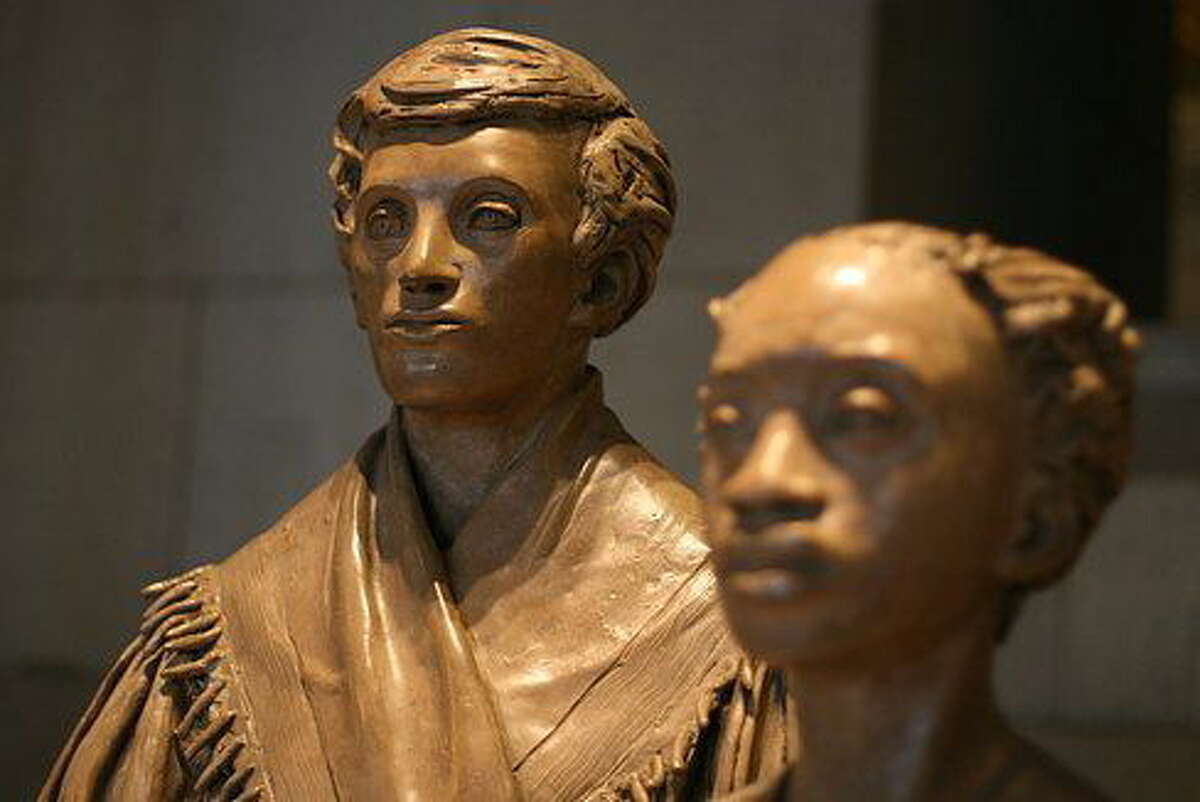 A statue of Prudence Crandall and a student on the first floor of the state Capitol. Hugh McQuaid/CT News Junkie