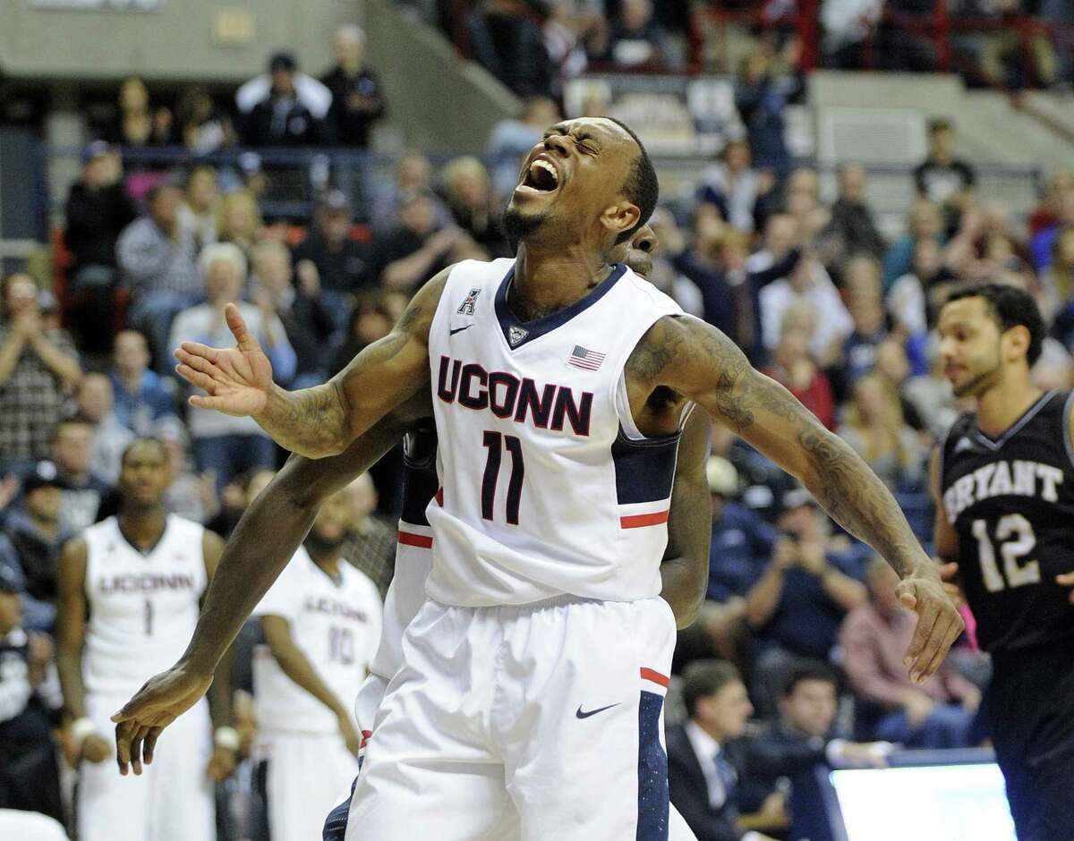 UConn’s Ryan Boatright celebrates during the second half of the Huskies’ 66-53 win over Bryant on Friday in Storrs.