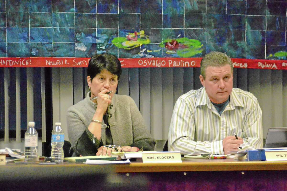 Superintendent of Schools Cheryl Kloczko and Board of Education chairman Ken Traub at a board meeting in March 2013.
