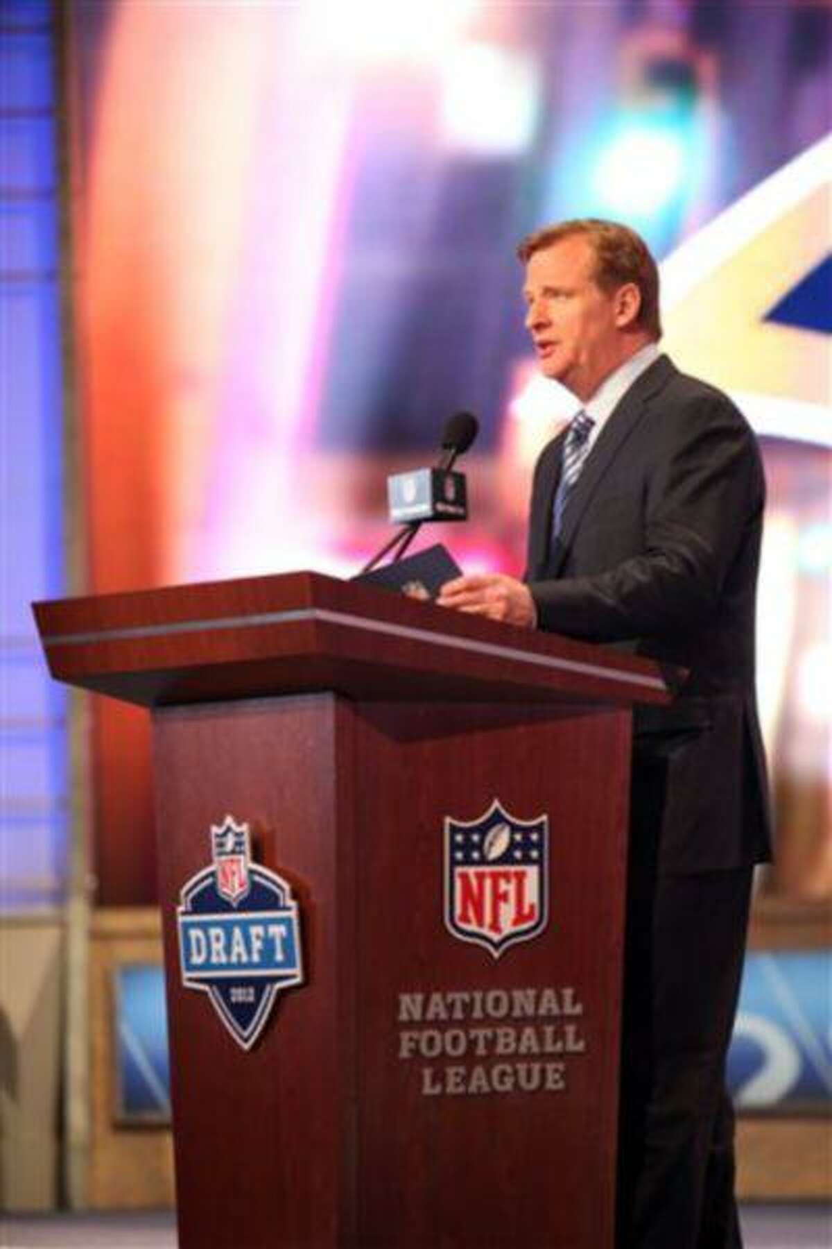 NFL Commissioner Roger Goodell is seen on stage during the first round of the NFL football draft at Radio City Music Hall, April 26, 2012, in New York.