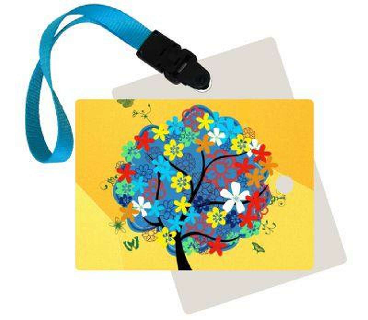 This publicity photo provided by CafePress shows a tree hugger tag for a backpack. Never lose another backpack with one of Café Press's cool customizable tags, as the company partnered with Snapily in October 2012 to create lenticular printed favorite photos with a 3-D, animated effect. There are geometric, tree or paisley designs too, or you can upload your own photos and create a personalized tag (www.cafepress.com). (AP Photo/CafePress)
