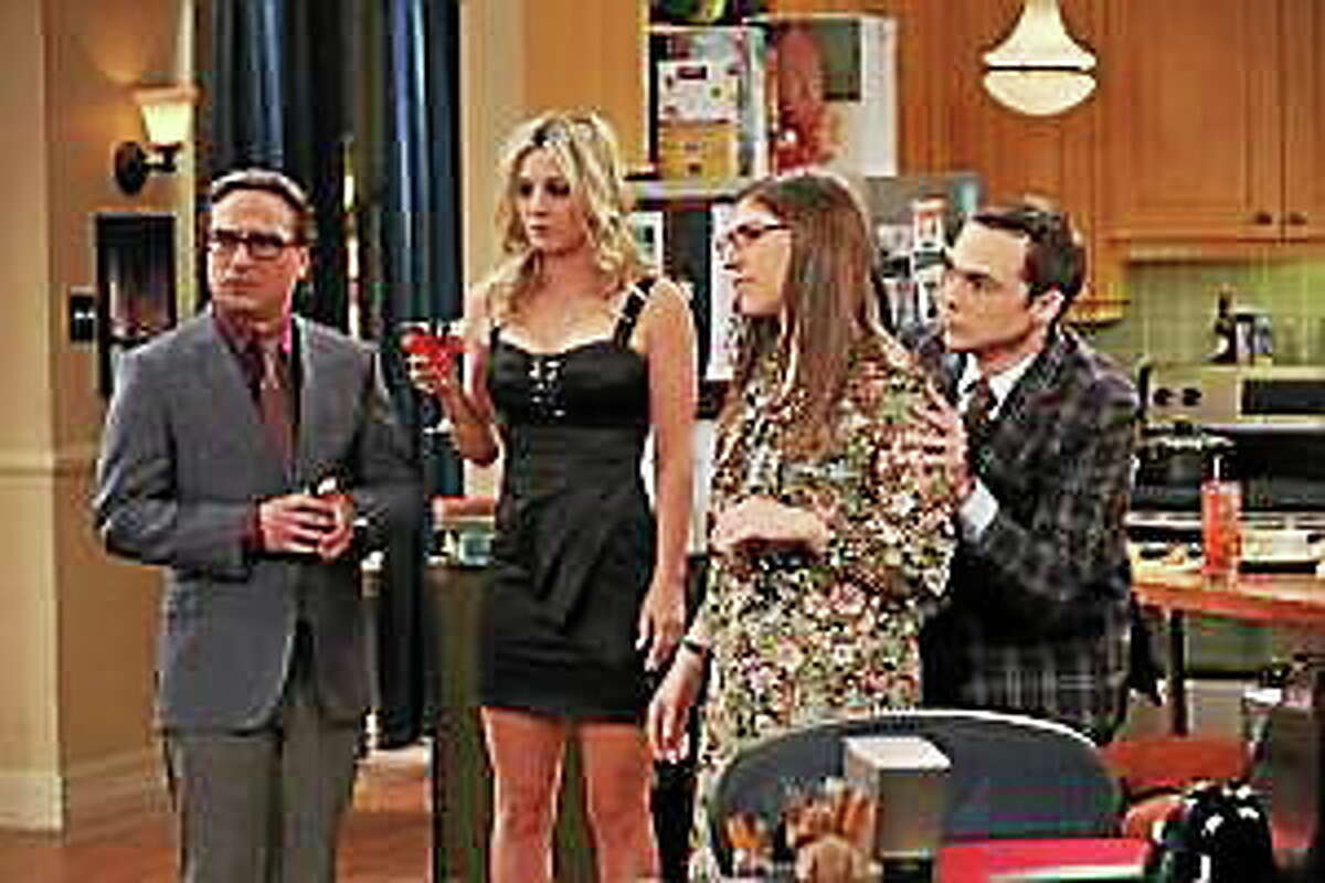 Howard struggles with whether or not he should open a letter from his father, and Leonard (Johnny Galecki, left) and Penny (Kaley Cuoco, left center) throw a cocktail party on “The Big Bang Theory.”